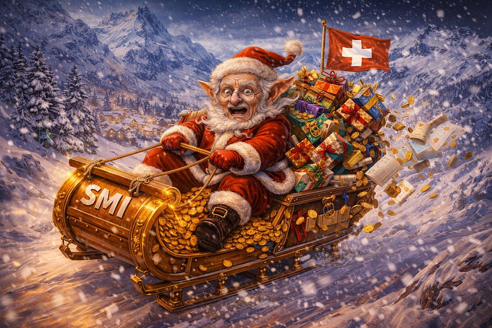 TroveLedger as Santa Claus riding a golden sleigh filled with gold coins and gifts through snowy Swiss Alps, with a Swiss flag flying, next to a treasure chest labeled 'SMI'
